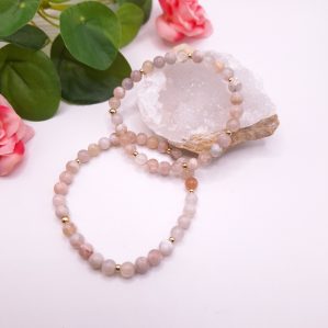 bracelet agate fleur avec perles acier inox doré
